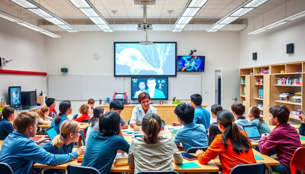 A bright, vibrant classroom scene showcasing the benefits of interactive learning. In the foreground, a group of enthusiastic high school students gathered around a teacher, engaged in a dynamic discussion. Colorful learning materials and digital devices adorn the desks, fostering an atmosphere of collaborative exploration. The middle ground features interactive whiteboards and projection screens, displaying captivating visuals that bring the lesson to life. In the background, a panoramic view of the school's modern, well-equipped science lab, conveying the wealth of resources available for students' hands-on experimentation. The overall scene radiates an energetic, stimulating environment that nurtures students' intellectual growth and curiosity.