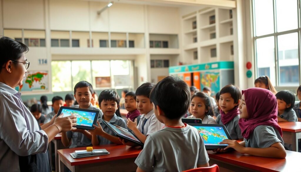 A bustling classroom in Indonesia, sunlight streaming through large windows, illuminating a group of focused students engaged in interactive learning. In the foreground, a teacher stands, guiding them through an educational app on tablet devices, their faces aglow with curiosity and enthusiasm. The middle ground features vibrant, well-equipped learning stations, with educational posters and maps adorning the walls. In the background, a modern, well-maintained school building stands, a symbol of the government's commitment to providing quality education for all. The scene conveys a sense of progress, opportunity, and the nation's drive to ensure equal access to knowledge, empowering the next generation of Indonesian leaders.