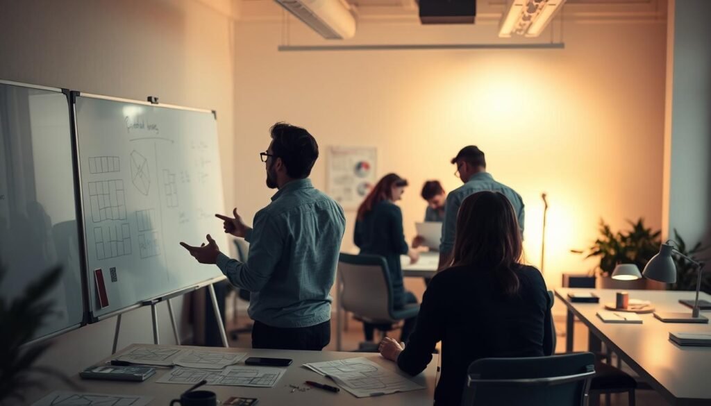 A busy office scene with a team of professionals collaborating on a problem-solving task. In the foreground, two colleagues are engaged in a lively discussion, gesturing animatedly as they brainstorm ideas on a whiteboard. In the middle ground, others are huddled around a table, scrutinizing data and sketching out diagrams. Subtle backlighting illuminates the scene, creating a warm, focused atmosphere. The office is modern and minimalist, with clean lines and muted colors, allowing the problem-solving activity to take center stage. Subtle hints of the task at hand, such as complex diagrams or technical equipment, are scattered throughout the space, emphasizing the intellectual nature of the work.