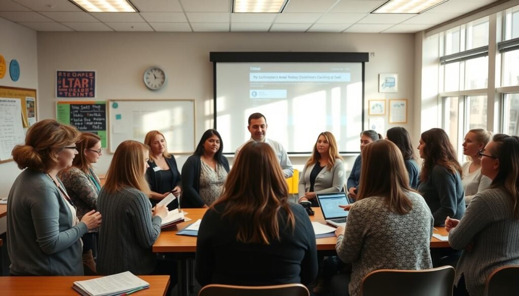 A classroom setting with a group of teachers gathered around a central figure, likely a technology expert, engaged in a training session. The teachers, a diverse group in both gender and age, are intently focused, taking notes and asking questions. The room is well-lit, with natural light streaming in through large windows, creating a warm and inviting atmosphere. In the background, a projection screen displays relevant information, while the walls are adorned with educational posters and technology-themed artwork. The overall scene conveys a sense of collaboration, learning, and the integration of technology into the educational process.