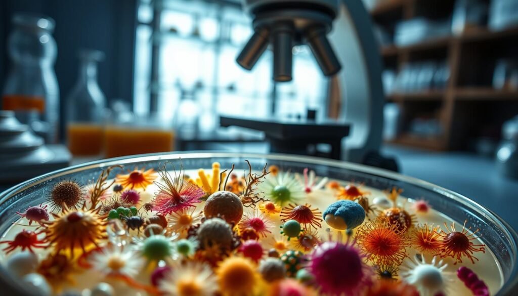 A detailed microscopic view of biological research specimens, showcasing intricate cellular structures and vibrant organic forms. The foreground features a Petri dish filled with a diverse array of samples, each illuminated by soft, diffused lighting that accentuates their textures and colors. In the middle ground, a state-of-the-art research microscope stands poised, its lens capturing the fascinating complexity of the specimens. The background is a dimly lit laboratory environment, with shelves of scientific equipment and glassware hinting at the broader context of the study. The overall scene conveys a sense of scientific inquiry, innovation, and the wonder of the natural world.