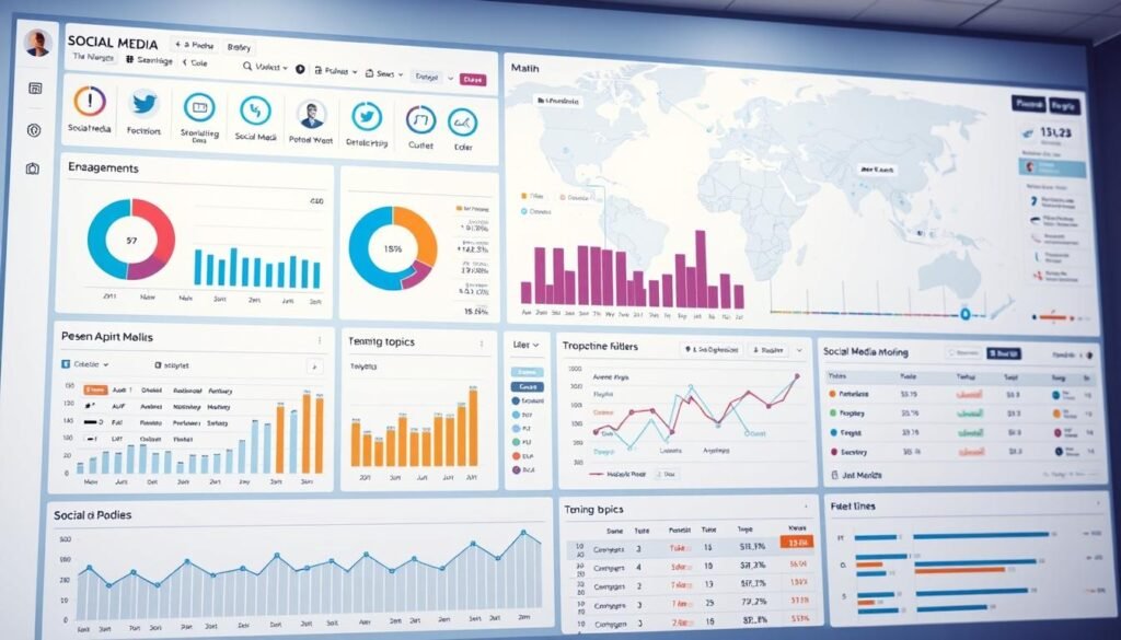 A detailed social media analysis dashboard with interactive charts, graphs, and data visualizations. The foreground displays a comprehensive overview of social media metrics such as engagement, sentiment, demographics, and trending topics. The middle ground features a social media monitoring interface with real-time updates and customizable filters. The background showcases a world map with geolocated social media activity and network connections. The scene is illuminated by a soft, diffused lighting that creates a professional and analytical atmosphere, emphasizing the importance of data-driven insights for strategic decision-making.