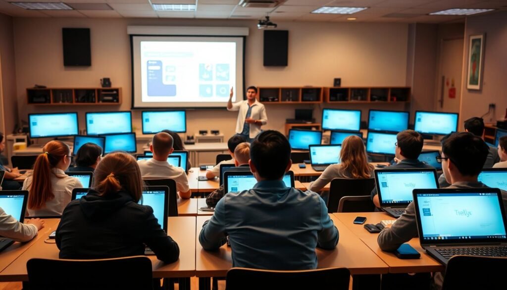 A digital classroom with students and teachers engaged in an educational technology program. In the foreground, students sit at desks using modern laptops and tablets, their faces lit by the soft glow of the screens. In the middle ground, a teacher stands at the front of the class, demonstrating a presentation on a large, interactive whiteboard. The background features a well-equipped computer lab with rows of monitors and technological equipment, suggesting a comprehensive digital infrastructure supporting the educational process. The lighting is warm and inviting, creating a productive and collaborative atmosphere. The overall scene conveys a sense of progress and innovation in the field of education.