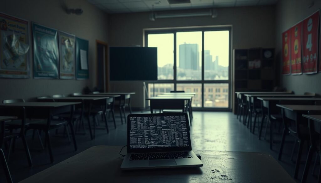 A dimly lit classroom, desks and chairs in disarray, as if abandoned. In the foreground, a single laptop sits open, its screen flickering with static. The walls are adorned with outdated educational posters, their colors faded, a metaphor for the challenges of transitioning to digital learning. In the background, a large window offers a glimpse of the bustling city outside, a stark contrast to the stagnant classroom. The lighting is soft, creating a sense of melancholy and unease, capturing the difficulties of implementing digital education in a traditional setting. A digital chalkboard stands as a symbol of the struggle to integrate technology into an antiquated system. The overall atmosphere conveys the tension and uncertainty of the "digital transformation" of education.