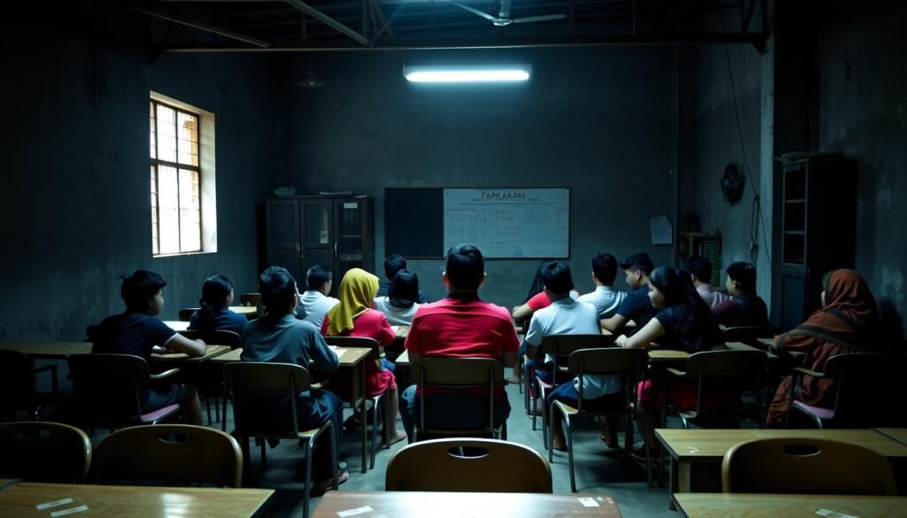 A dimly lit classroom setting, with desks and chairs arranged haphazardly, reflecting the challenges of nonformal education. In the foreground, a diverse group of students of various ages and backgrounds sit together, engaged in an informal discussion, highlighting the diversity and inclusivity of nonformal learning. The middle ground features a teacher, their face obscured, guiding the students, symbolizing the unique role of educators in nonformal settings. The background showcases the limitations of the space, with crumbling walls and limited resources, underscoring the infrastructural challenges faced by nonformal education. The overall scene conveys a sense of determination and resilience in the face of adversity, capturing the essence of the "Tantangan Pendidikan Nonformal" in Indonesia.