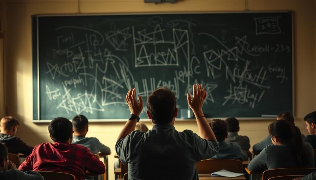 A dimly lit classroom, students huddled over their desks, expressions of frustration and confusion etched on their faces. In the foreground, a teacher gestures helplessly, their hands raised in a gesture of exasperation. The chalkboard behind them is a tangled web of scribbles, a testament to the complexities of the lesson. The room is bathed in a warm, muted light, casting shadows that emphasize the sense of struggle and difficulty. The overall atmosphere conveys the challenges and constraints faced in implementing an inquiry-based learning model, the obstacles that must be overcome to foster true understanding.
