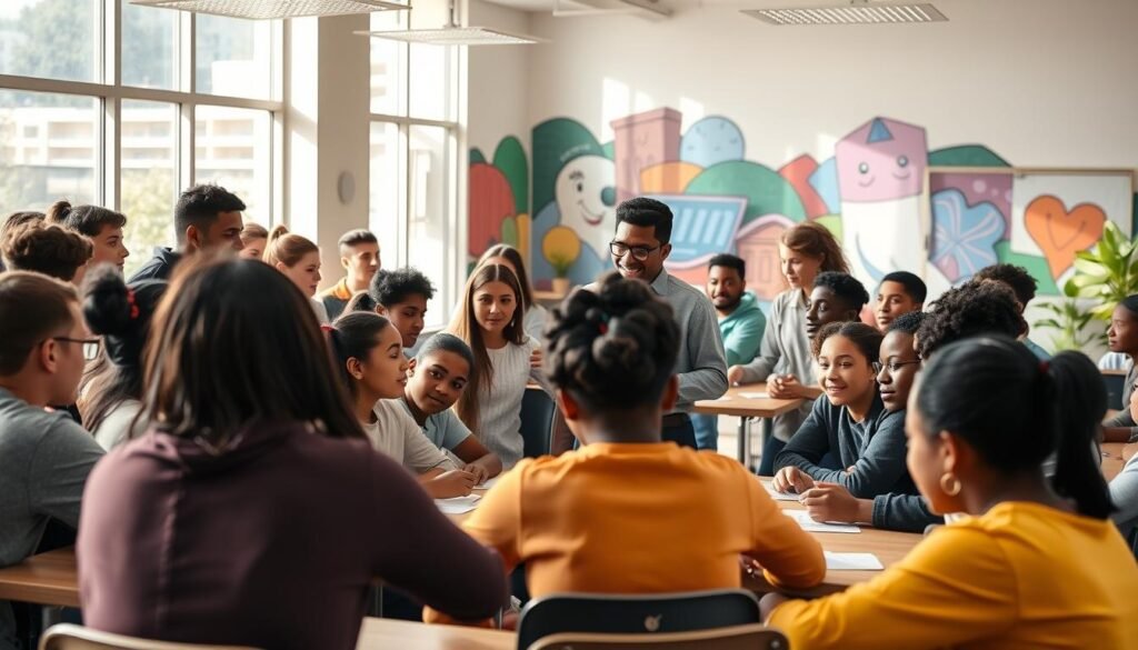 A diverse group of students, from all backgrounds, gathered in a well-equipped, modern classroom. Soft, natural lighting filters through large windows, casting a warm glow on the eager faces. The teacher, an inspiring figure, stands at the front, engaging the class in an interactive lesson. In the middle ground, students collaborate at desks, sharing ideas and resources. The background depicts a vibrant, inclusive campus, with colorful murals and lush greenery, symbolizing the accessibility and opportunity afforded by this educational institution. An atmosphere of equal access, empowerment, and a shared vision for the future permeates the scene.