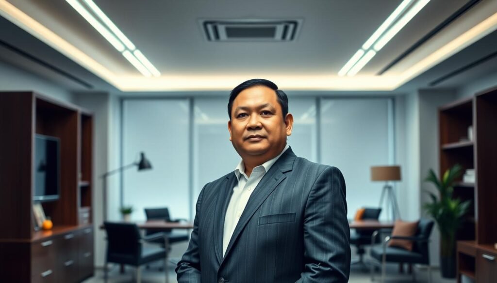 A dynamic and modern portrait of the new leadership of the Indonesian Solidarity Party (PSI), set against a backdrop of a sleek, minimalist office environment. The central figure, Kaesang Pangarep, stands tall and confident, his gaze focused and determined. The lighting is soft and directional, creating a sense of depth and drama. The composition emphasizes Kaesang's presence, with the office furnishings and decor subtly framing him, hinting at the party's progressive and forward-thinking agenda. The overall mood is one of professionalism, innovation, and a sense of a new era for the PSI.
