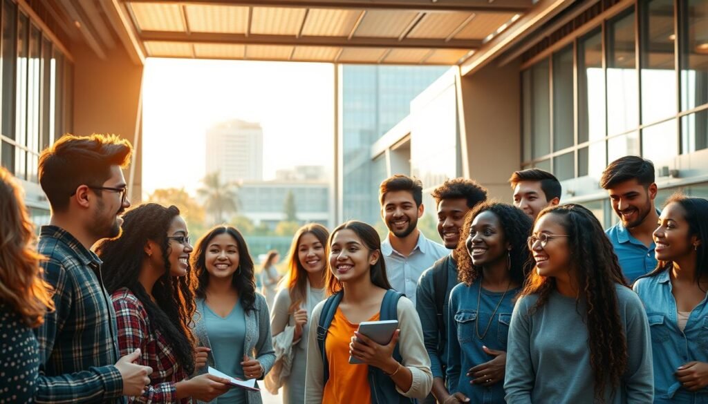 A dynamic, vibrant scene showcasing the benefits of a scholarship program. In the foreground, a diverse group of students, their faces aglow with enthusiasm, engaged in lively discussions and collaborative work. The middle ground features state-of-the-art facilities, laboratories, and classrooms, conveying the resources available to scholarship recipients. In the background, a towering, modern university building stands as a symbol of the educational opportunities provided by the program. Warm, natural lighting filters through large windows, creating a sense of openness and possibility. The overall atmosphere exudes a spirit of intellectual stimulation, personal growth, and a bright future ahead for those who seize the scholarship's transformative potential.