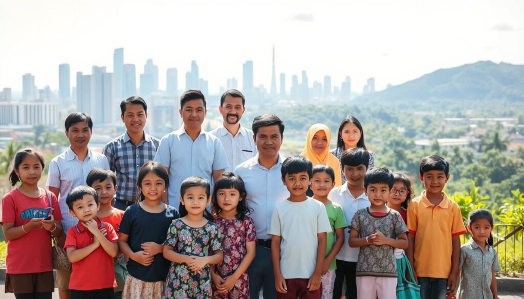 A group of diverse people, representing a cross-section of Indonesian society, standing together in a bright, sunlit setting. In the foreground, a group of children of varying ages, backgrounds, and abilities, symbolizing the foundation of the nation's human resources. In the middle ground, young adults and professionals, engaged in collaborative activities that showcase their skills and potential. In the background, a backdrop of modern cityscapes and lush natural landscapes, reflecting the dynamic and multifaceted nature of Indonesia's development. The overall scene conveys a sense of unity, progress, and the importance of nurturing the country's human capital through quality education from the ground up.