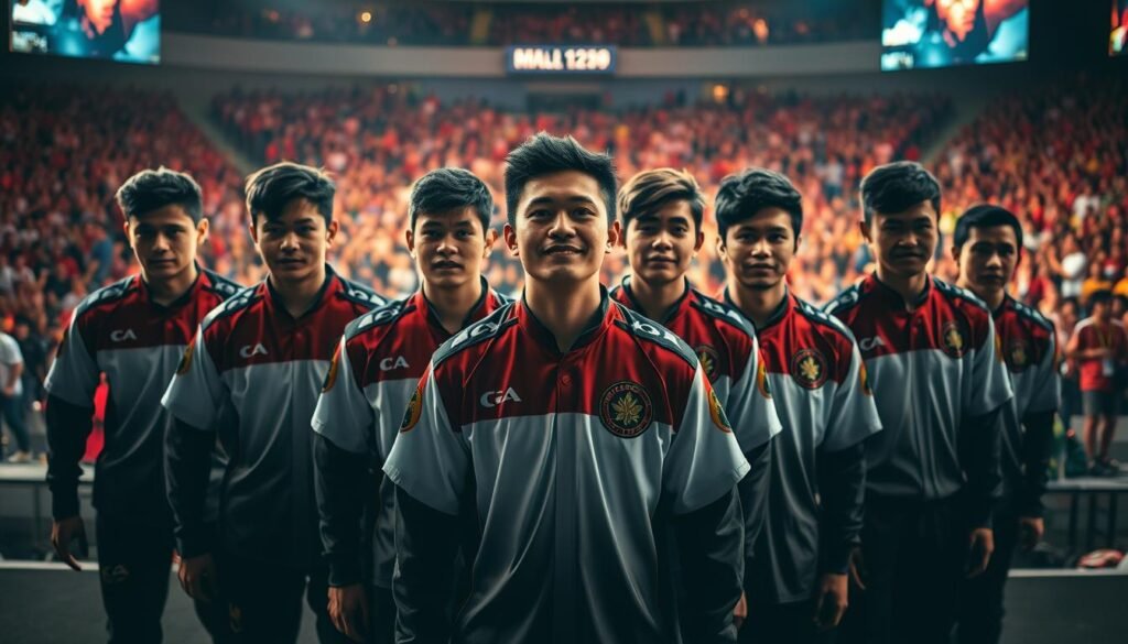 A heroic Indonesian esports team, their faces alight with determination, stands ready to compete on a grand stage. In the foreground, their uniforms emblazoned with the national colors, each player exuding a fierce, competitive spirit. The middle ground showcases the team's coordination, their movements fluid and synchronized as they strategize their next move. In the background, a vibrant, energetic crowd cheers them on, their roar of support amplifying the team's sense of purpose and unwavering resolve. Dramatic lighting casts dynamic shadows, heightening the intensity of the moment, while a cinematic camera angle captures the team's unity and collective sense of "semangat juang" - the fighting spirit that defines their unwavering pursuit of victory.