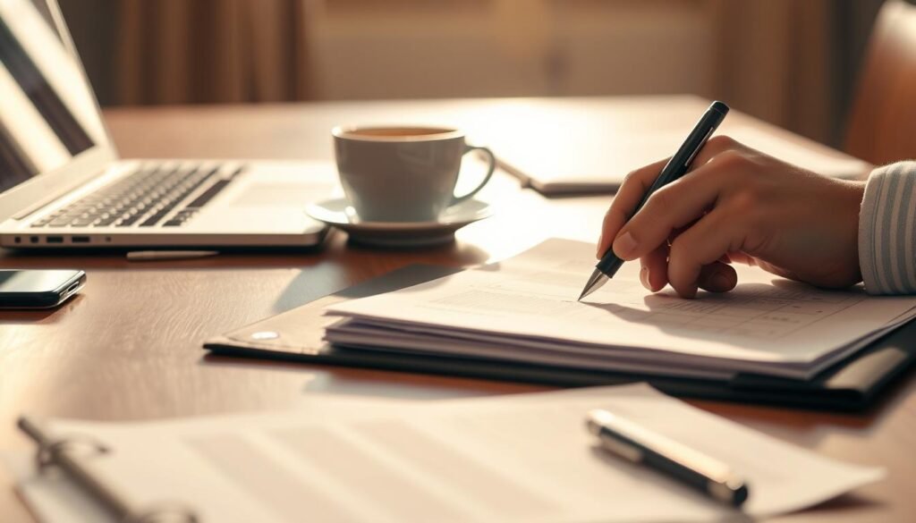 A professional business proposal being carefully constructed on a wooden desk, surrounded by stationery, a laptop, and a cup of coffee. The lighting is warm and focused, casting subtle shadows to emphasize the thoughtful process. In the foreground, a well-organized folder and neatly stacked papers suggest a methodical approach. The middle ground features a stylish pen poised over the proposal, conveying a sense of diligent consideration. The background blurs softly, keeping the attention on the proposal-crafting task at hand. The overall atmosphere exudes a tone of professionalism, dedication, and entrepreneurial ambition.