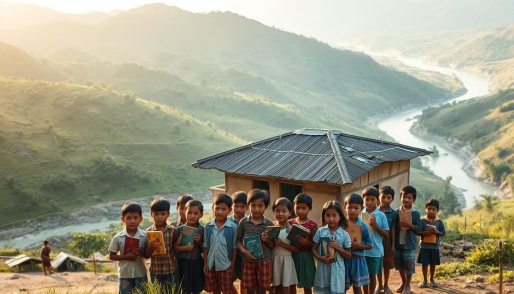 A remote village school in the 3T region (Terdepan, Terluar, Tertinggal), set against a backdrop of lush green hills and a winding river. The schoolhouse is a modest but well-maintained structure, with a thatched roof and simple wooden walls. In the foreground, a group of eager students, some carrying worn but cherished textbooks, gather outside the school, their faces alight with the thirst for knowledge. The scene is bathed in soft, golden sunlight, conveying a sense of hope and resilience in the face of the challenges of education access in these underserved areas. The composition emphasizes the isolation and ruggedness of the landscape, underscoring the difficulties faced by teachers and students in these remote communities.