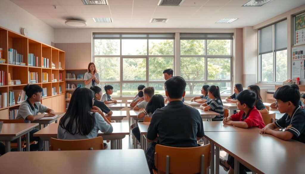 A serene classroom scene bathed in warm, natural lighting. In the foreground, engaged students collaborate at modern, sleek desks, their expressions focused and attentive. The teacher, a guiding presence, moves among them, facilitating thoughtful discussions. The middle ground reveals well-stocked bookshelves and educational displays, conveying a sense of enrichment and discovery. The background showcases large windows overlooking a verdant, tree-lined schoolyard, suggesting a connection to the natural world. Overall, the image captures a harmonious, stimulating learning environment that embodies the concept of "kualitas pembelajaran" - quality education that nurtures both intellectual growth and personal development.