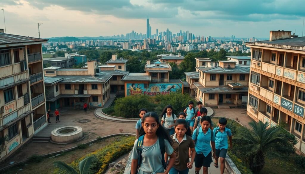 A sprawling school campus, its buildings weathered yet resilient, stands as a symbol of the challenges faced in delivering quality basic education. In the foreground, a group of diverse students, their faces alight with determination, navigate the winding paths, representing the drive to overcome obstacles. The middle ground reveals a classroom, its walls adorned with vibrant murals, a testament to the creative spirit that thrives amidst adversity. In the distance, a bustling city skyline serves as a backdrop, a reminder of the broader societal context that shapes the educational landscape. Soft, warm lighting casts a contemplative glow, inviting the viewer to ponder the complexities and triumphs inherent in the pursuit of foundational learning.