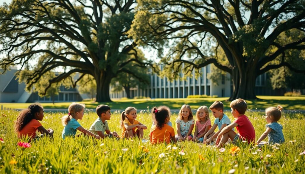 A sun-dappled meadow, lush with emerald grass and vibrant wildflowers. In the foreground, a group of diverse children sit in a circle, engaged in animated discussion, their faces alight with enthusiasm. Behind them, towering oak trees cast a gentle shade, their branches swaying in a warm breeze. In the distance, a modern school building stands, its sleek, angular design a symbol of progress and innovation. The scene radiates a sense of harmony, where the values of character education - compassion, integrity, responsibility, respect, and courage - are embodied in the interactions of the young learners. Warm, soft lighting imbues the image with a sense of timelessness and tranquility, inviting the viewer to immerse themselves in this idyllic tableau of primary education.