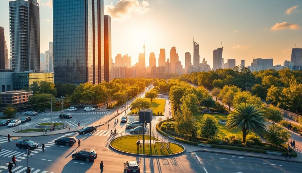 A tranquil city landscape, bathed in warm, golden afternoon light. In the foreground, a bustling intersection where self-driving cars and electric scooters seamlessly navigate through the flow of pedestrians. In the middle ground, towering skyscrapers adorned with solar panels and wind turbines, symbolizing the integration of renewable energy technologies. The background reveals lush, verdant parks and gardens, where robotic gardeners tend to the meticulously manicured landscape. The overall scene conveys a harmonious blend of advanced technology and a thriving, eco-conscious urban environment.