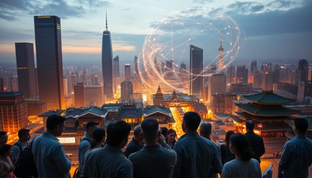 A vast, expansive cityscape at dusk, with towering skyscrapers and bustling streets. In the foreground, a group of people engage in heated discussion, their body language and facial expressions conveying a sense of tension and unease. The middle ground features a mix of modern and traditional architecture, highlighting the clash between technological progress and cultural preservation. In the background, a swirling, ethereal veil of light and energy, representing the pervasive impact of technology on the social and cultural fabric of the community. The scene is illuminated by warm, golden lighting, creating a contemplative and introspective atmosphere, mirroring the complex challenges posed by the rapid development of science and technology.