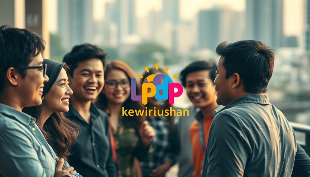A vibrant and dynamic scene showcasing the "program lpdp kewirausahaan" initiative. In the foreground, a group of aspiring entrepreneurs engage in a lively discussion, their faces alight with enthusiasm and determination. The middle ground features a stylized illustration of the program's logo, rendered in bold, eye-catching colors. In the background, a blurred cityscape provides a sense of context, hinting at the urban environment where these entrepreneurial dreams will take shape. The lighting is soft and warm, evoking a sense of optimism and possibility. The overall composition conveys the energy, innovation, and collaborative spirit at the heart of this entrepreneurial program.