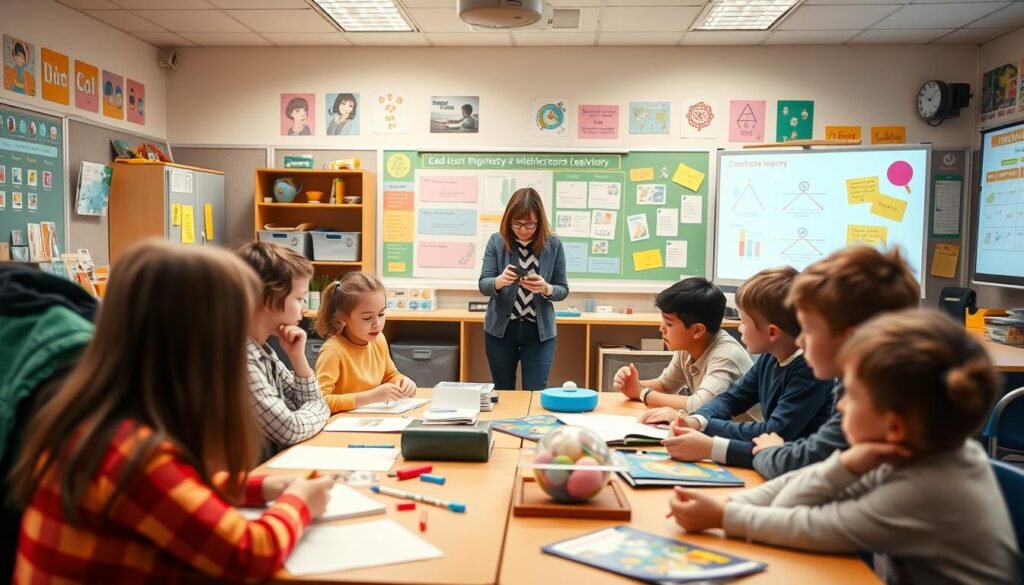 A vibrant classroom scene showcasing the application of constructivism theory. In the foreground, a group of students engaged in collaborative learning, exchanging ideas and working hands-on with educational materials. The middle ground features a teacher guiding the discussion, encouraging critical thinking and experiential exploration. The background presents a well-equipped learning environment, with colorful displays, interactive whiteboards, and various learning resources reflecting the diverse needs of different educational levels. Warm lighting and a sense of dynamic energy convey the engaging and discovery-driven nature of the discovery learning method.