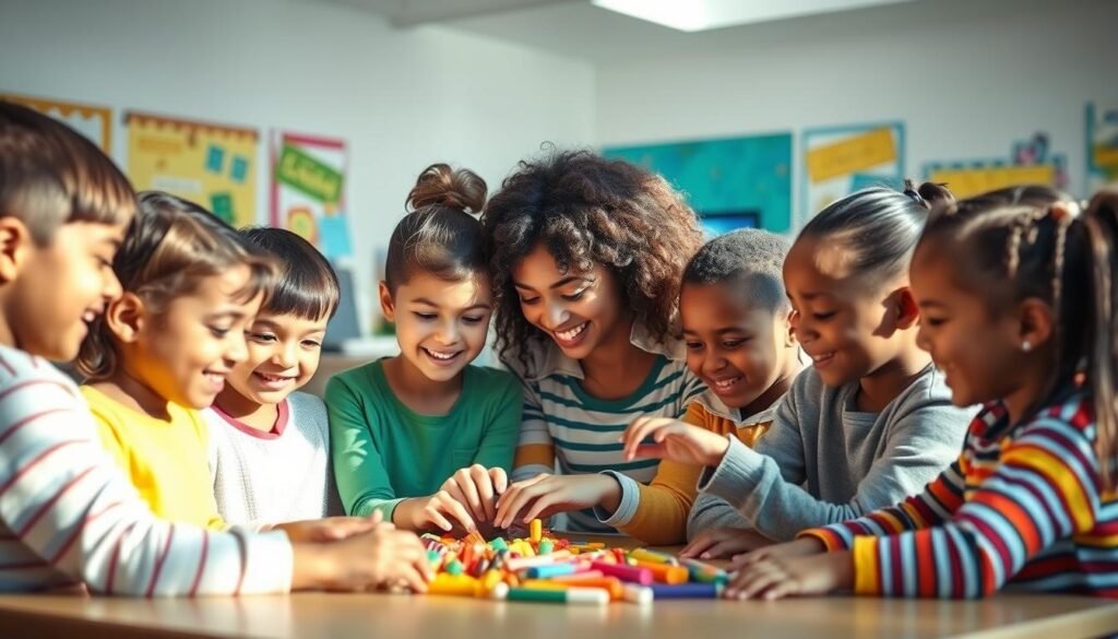 A vibrant, inclusive classroom scene showcasing the benefits of inclusive education. In the foreground, a diverse group of children of varying abilities collaborate on a hands-on learning activity, their expressions filled with joy and engagement. In the middle ground, a teacher guides them, embodying patience and understanding. The background depicts an airy, well-lit space adorned with educational posters and technology, symbolizing the enriched learning environment. Soft, natural lighting illuminates the scene, conveying a sense of warmth and acceptance. The overall atmosphere evokes a nurturing, supportive educational community where all students thrive and reach their full potential.