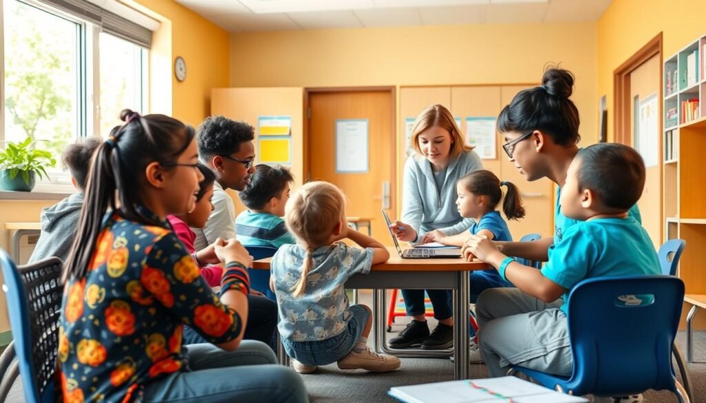 A vibrant, inclusive classroom scene showcasing the implementation of inclusive education. In the foreground, a diverse group of students - including those with various abilities and needs - engaged in collaborative learning activities. The middle ground features an attentive teacher guiding them, employing adaptive teaching methods and assistive technologies. The background depicts a bright, well-equipped learning environment with accessible features, such as ramps, wide doorways, and sensory-friendly decor. Natural lighting filters in, creating a warm, welcoming atmosphere. The scene conveys a sense of harmony, empowerment, and a commitment to ensuring equal opportunities for all learners.