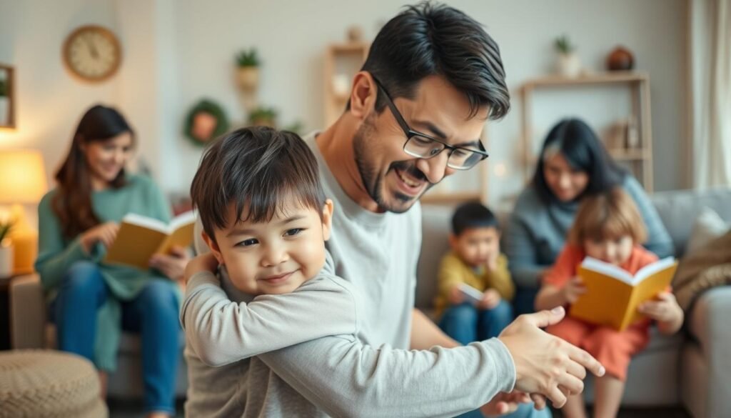 A warm, nurturing family scene set in a cozy, well-lit home. In the foreground, a parent and child engaged in an affectionate embrace, their expressions radiating love and understanding. In the middle ground, other family members - siblings, grandparents - participating in constructive activities that foster character development, such as reading, playing educational games, or having a thoughtful discussion. The background depicts a harmonious, supportive environment, with details that convey a sense of security, tradition, and positive values. Soft, natural lighting creates a calming, inviting atmosphere, while the camera angle suggests an intimate, close-knit perspective, emphasizing the central role of the family in shaping a child's character.