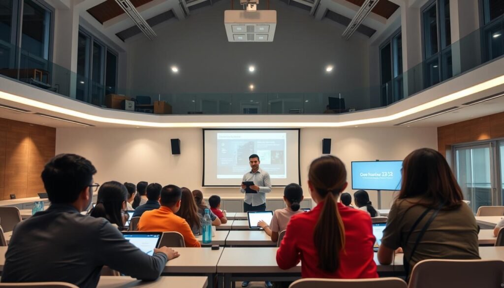 A well-lit classroom setting, with a large projection screen displaying digital content. In the foreground, students of diverse backgrounds engaged in collaborative online learning, their faces illuminated by the soft glow of their devices. The middle ground features a teacher, standing amidst the students, guiding the lesson with a tablet in hand. The background showcases a modern, tech-savvy environment, with sleek furniture, high-ceilinged windows, and a sense of openness and connectivity. The scene evokes a harmonious integration of technology and pedagogy, reflecting the importance of equal access to quality education in Indonesia.