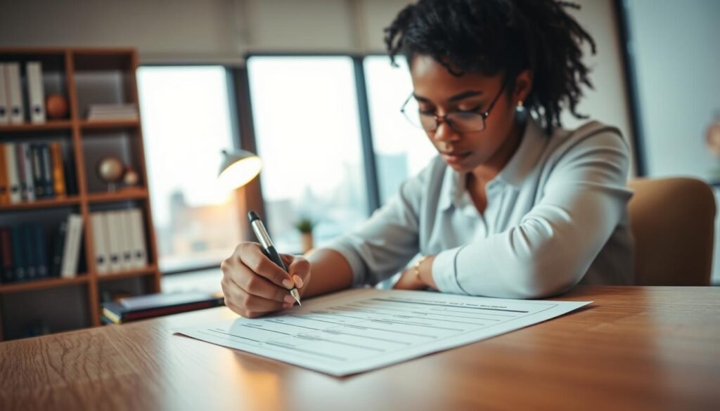 A well-lit, clean office scene with a student diligently filling out a scholarship application form on a wooden desk. In the background, a bookshelf and a window with a cityscape outside provide a professional, academic atmosphere. The student's face is focused, their hand gripping a pen as they meticulously complete the required fields. Subtle warm lighting from a desk lamp casts a soft glow, creating a sense of dedication and determination. The composition is balanced, with the student's actions taking center stage, conveying the importance of the scholarship application process.