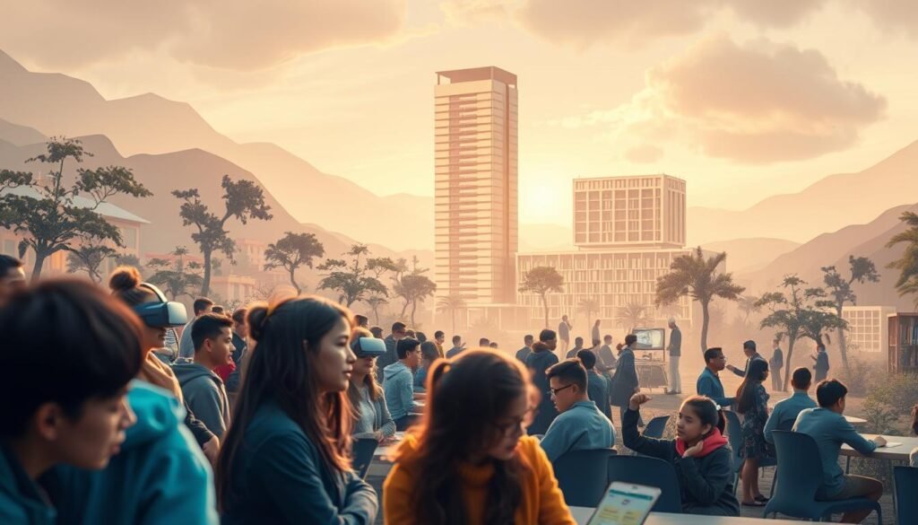Intricate landscape depicting a modern educational institution, with a vibrant and inspiring atmosphere. In the foreground, students engaged in collaborative learning, their faces full of curiosity and enthusiasm. The middle ground showcases innovative teaching methods, such as interactive whiteboards and virtual reality setups. In the background, a towering library serves as a symbol of knowledge and intellectual growth. Soft, diffused lighting casts a warm glow, creating a sense of warmth and productivity. The composition is balanced, with a harmonious blend of architectural elements and human interaction, conveying the essence of a high-quality, forward-thinking educational environment.