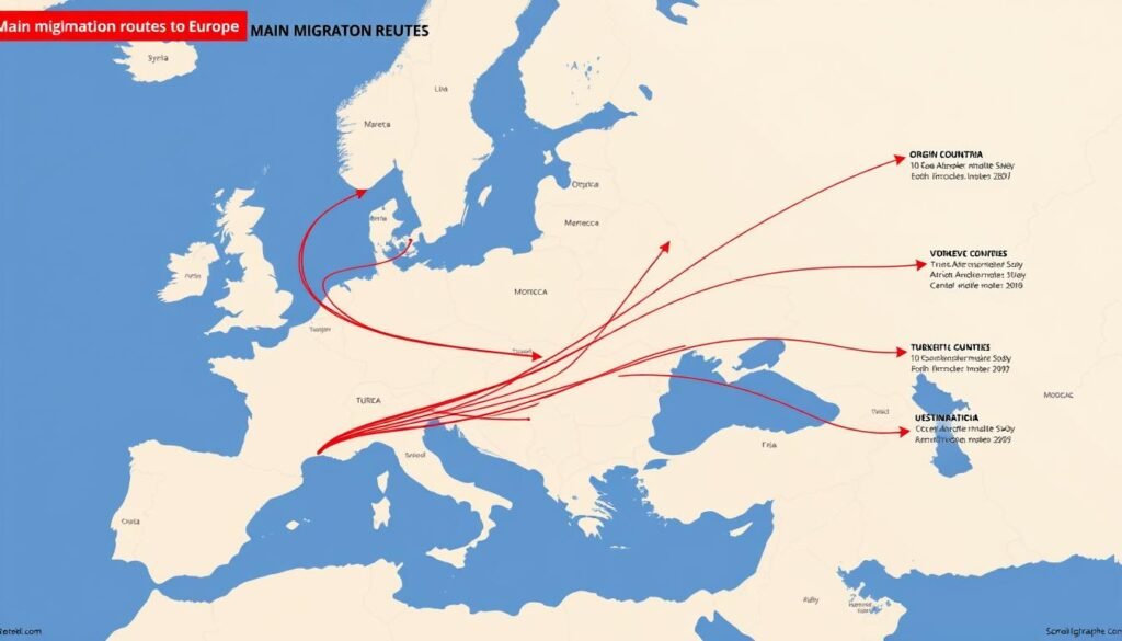 Peta rute migrasi utama menuju Eropa menunjukkan kompleksitas Politik Imigrasi di Eropa