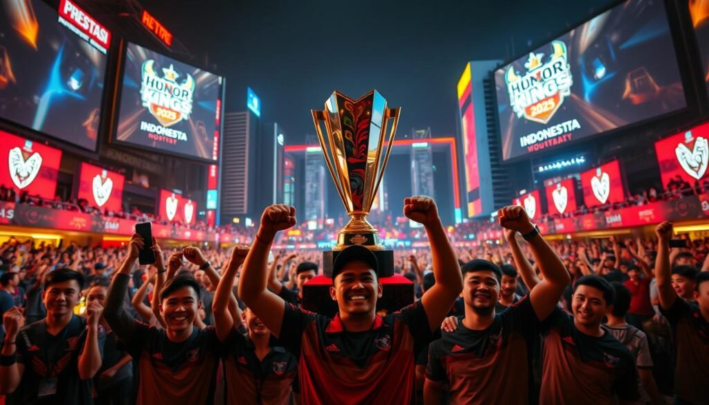 Prestasi Honor of Kings World Cup 2025: a grand esports spectacle set against a backdrop of vibrant, neon-lit cityscape. In the center, the championship trophy stands tall, its sleek, angular design gleaming under the warm, cinematic lighting. Around it, a crowd of passionate fans erupts in cheers, their faces illuminated by the glow of giant LED screens displaying the tournament's logo and highlights. In the foreground, the Indonesian esports team, clad in their team's distinctive uniforms, raise their fists in triumph, their expressions a mix of determination and joy. The scene is captured with a cinematic, wide-angle lens, emphasizing the scale and energy of the event, while subtle depth-of-field blur adds a sense of immersion and focus to the victorious players.