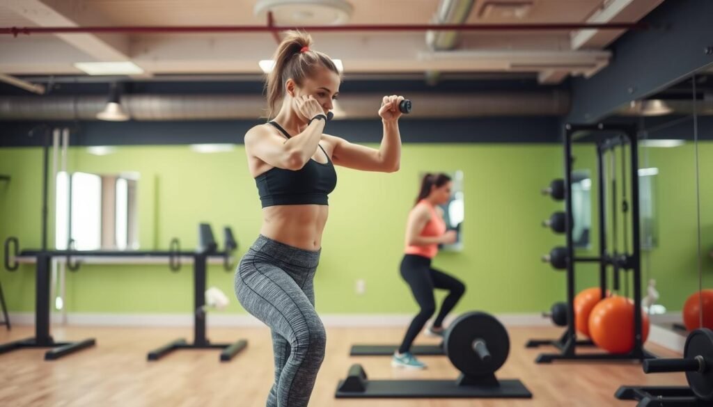 Wanita melakukan circuit training dengan kombinasi latihan kekuatan dan kardio