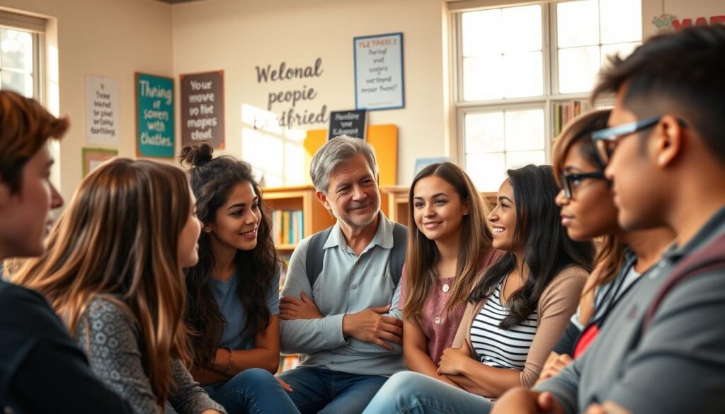 A diverse group of teenagers engrossed in thoughtful discussion, set against a warm, sun-dappled classroom. In the foreground, students of varying backgrounds and ages exchange ideas animatedly, their expressions conveying a sense of engaged learning. The middle ground features a teacher guiding the conversation, their body language radiating care and wisdom. In the background, inspirational wall displays and shelves of books suggest an environment nurturing personal growth. Soft, natural lighting filters through windows, creating a tranquil, reflective atmosphere conducive to character development.