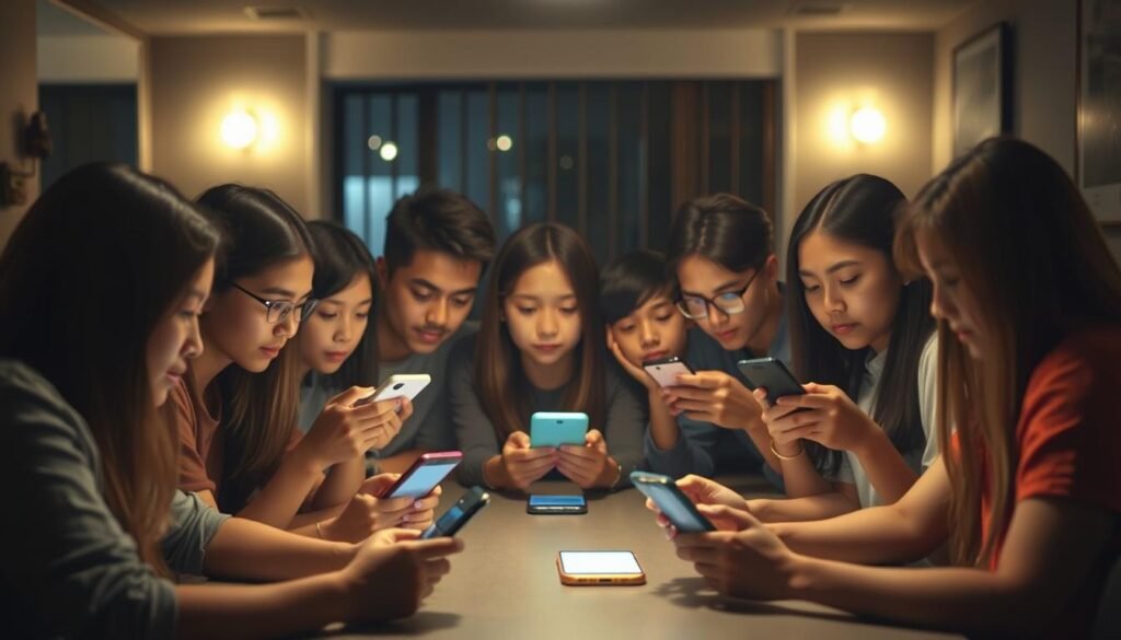 A group of young people gathered around a table, engrossed in their smartphones, casting a soft, warm glow across their faces. In the background, a dimly lit room with subtle ambient lighting, creating a cozy, intimate atmosphere. The scene conveys a sense of social connection and technology's pervasive influence on modern adolescent life. Soft, muted colors and a shallow depth of field emphasize the focus on the digital devices, capturing the essence of "media sosial remaja" and their immersion in the digital realm.