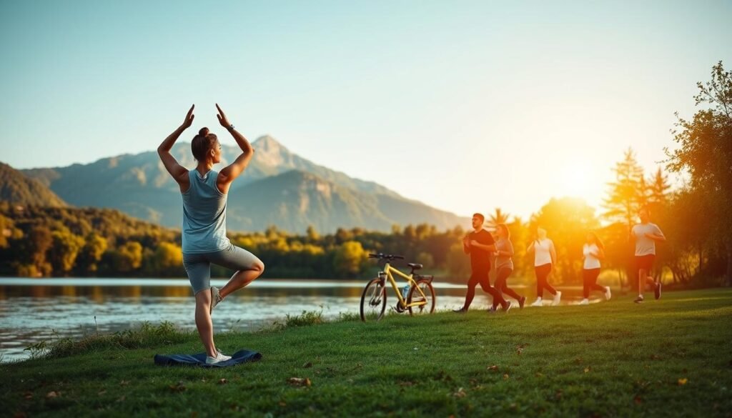 A serene outdoor scene showcasing various mental health-focused exercises. In the foreground, a person performs yoga poses on a tranquil lakeside, surrounded by lush greenery and a picturesque mountain landscape. The middle ground features individuals jogging and cycling, their movements fluid and energetic. In the background, a group engages in a mindful walking meditation, their steps in sync with the gentle swaying of the trees. The scene is bathed in warm, golden light, conveying a sense of harmony and well-being. The composition emphasizes the interconnectedness of physical activity and mental rejuvenation, inviting the viewer to find their own path to holistic wellness.
