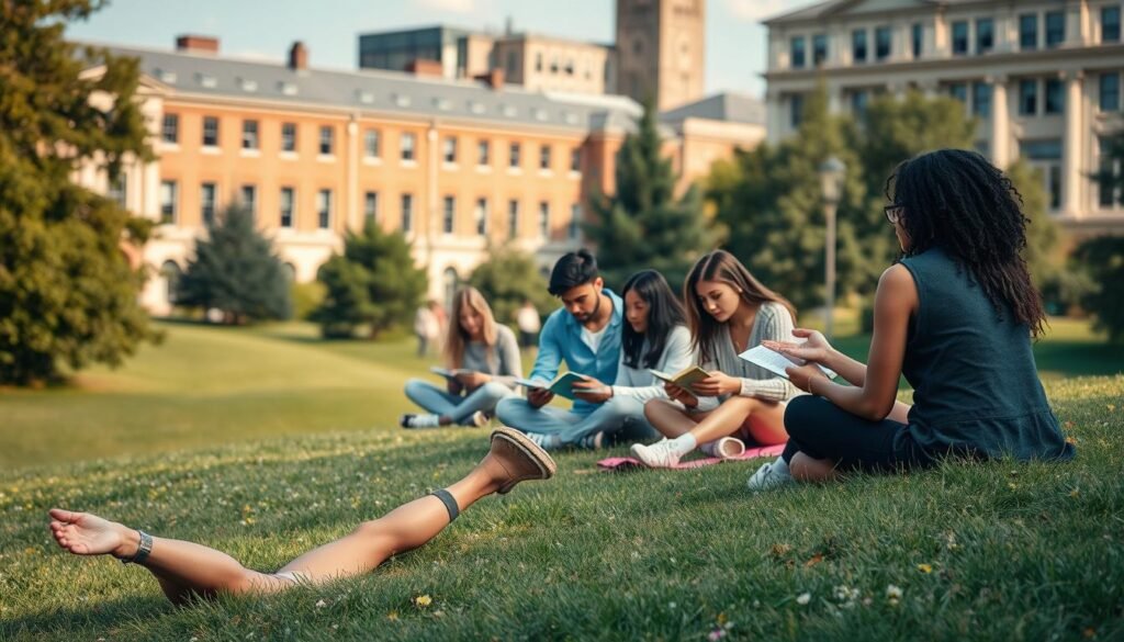 A serene university campus on a sunny day, with students seated on a grassy knoll, deep in contemplation. In the foreground, a young person practices yoga, their face calm and focused. In the middle ground, a group of students discuss notes and textbooks, their expressions a mix of concentration and stress. In the background, the campus buildings stand tall, their architecture a blend of classic and modern. The lighting is soft and natural, casting a warm glow over the scene. The mood is one of introspection and the pursuit of academic balance, as the students navigate the challenges of early university life.