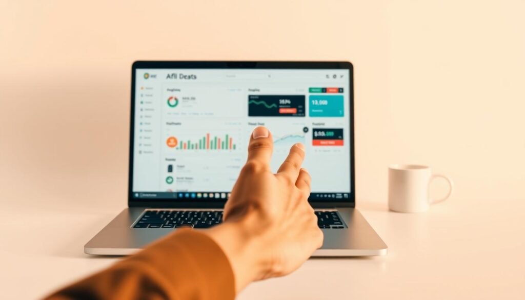 A visually striking image of "link afiliasi" that captures the essence of earning money through affiliate marketing. Set against a clean, minimalist background, the composition features a sleek, modern laptop or desktop computer displaying an affiliate program dashboard, with neatly organized data and analytics. In the foreground, a hand gestures towards the screen, highlighting the key elements of the affiliate program. Warm, diffused lighting creates a sense of professionalism and productivity, while the overall design conveys a clean, streamlined aesthetic that reflects the efficiency and potential of affiliate marketing as a source of online income.