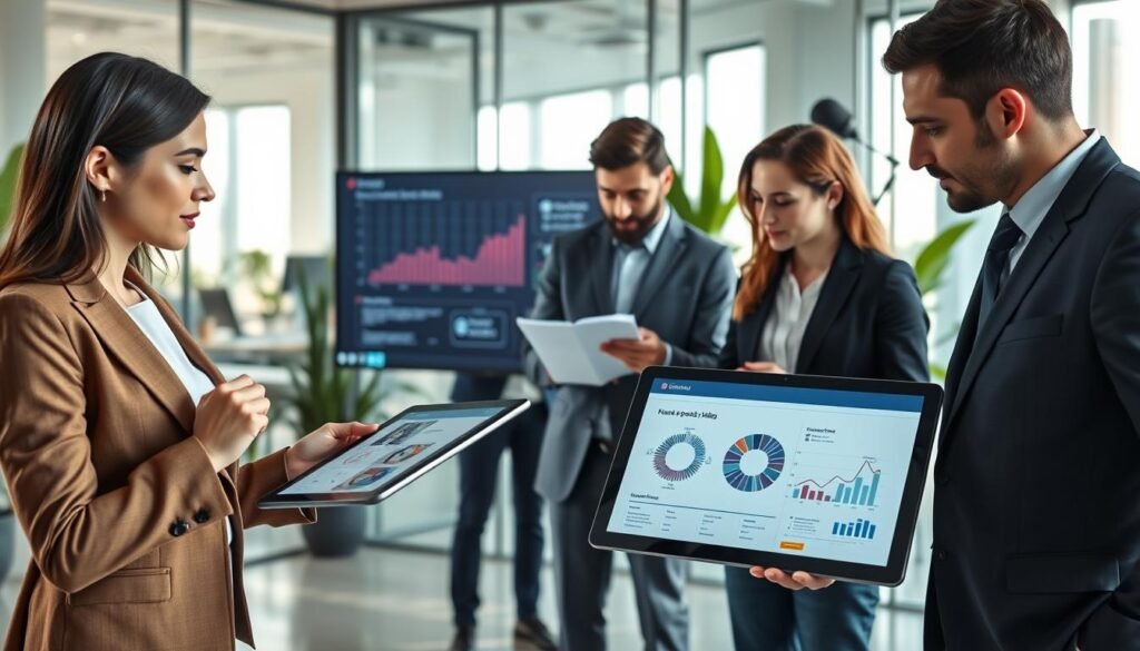 A modern office setting where a diverse group of professionals are engaged in collaborative work. In the foreground, a woman in a smart, professional outfit is presenting a digital tablet filled with graphics, while a man in a tailored suit takes notes. In the middle, two colleagues analyze data on a large screen displaying graphs and charts related to AI skills development. The background features a sleek, bright co-working space with glass walls and plants, creating an open and dynamic atmosphere. Soft, natural lighting filters through the windows, casting gentle shadows. The overall mood should be one of motivation and teamwork, emphasizing the essential supportive skills for employees in the age of AI. A modern office setting where a diverse group of professionals are engaged in collaborative work. In the foreground, a woman in a smart, professional outfit is presenting a digital tablet filled with graphics, while a man in a tailored suit takes notes. In the middle, two colleagues analyze data on a large screen displaying graphs and charts related to AI skills development. The background features a sleek, bright co-working space with glass walls and plants, creating an open and dynamic atmosphere. Soft, natural lighting filters through the windows, casting gentle shadows. The overall mood should be one of motivation and teamwork, emphasizing the essential supportive skills for employees in the age of AI.