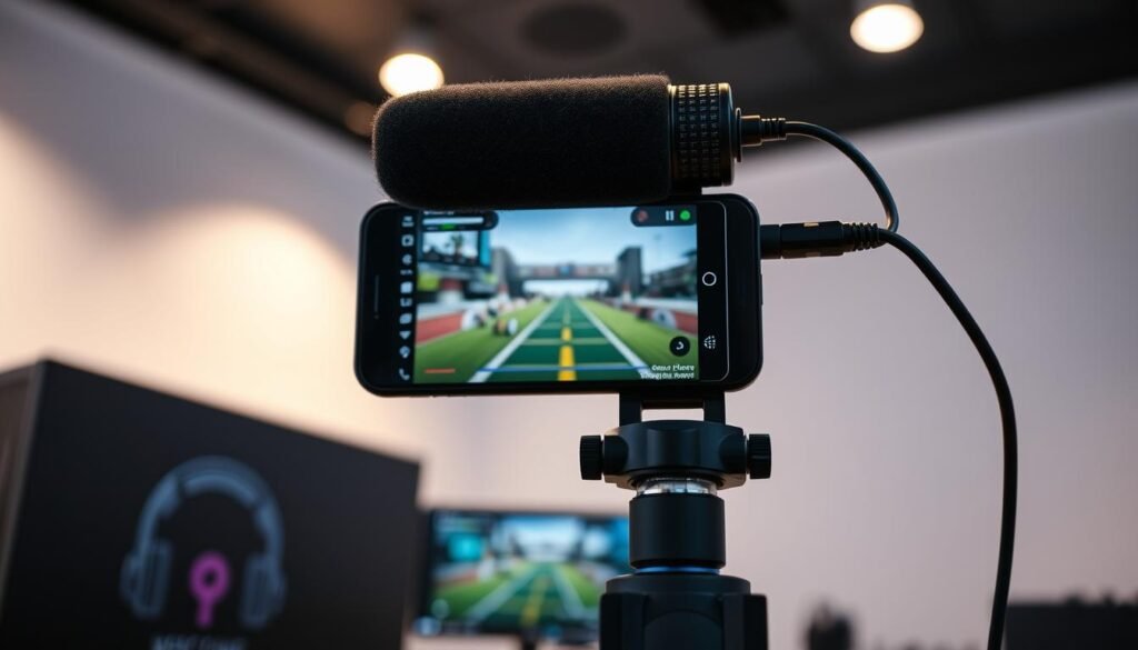 A professional-grade screen recording setup with a high-quality webcam and microphone, capturing the gameplay in stunning detail. The display shows a smooth, vivid video feed, with the foreground dominated by a gaming PC or mobile device. Soft, evenly-distributed lighting illuminates the scene, creating a clean, modern atmosphere. The composition emphasizes the screen, drawing the viewer's attention to the content being recorded. Technical settings are visible, showcasing the fine-tuned quality, audio, and performance options for an effortless, immersive recording experience.