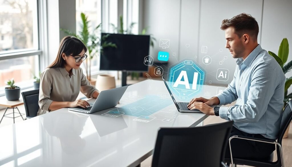 A professional office setting showcasing the synergy between artificial intelligence and employees. In the foreground, a diverse group of three employees, one Asian woman and two Caucasian men, collaborate around a sleek, modern table with laptops open, discussing AI skill applications. The middle layer features a large interactive digital display illustrating AI concepts like data analysis, coding, and automation. The background shows a bright, airy office with large windows, allowing natural sunlight to flood in, while plants add a touch of greenery. The atmosphere is productive and innovative, conveying a sense of urgency for skill development in the AI era. Soft, diffused lighting enhances the professional look, and a high-angle perspective captures the dynamic interaction of the team. A professional office setting showcasing the synergy between artificial intelligence and employees. In the foreground, a diverse group of three employees, one Asian woman and two Caucasian men, collaborate around a sleek, modern table with laptops open, discussing AI skill applications. The middle layer features a large interactive digital display illustrating AI concepts like data analysis, coding, and automation. The background shows a bright, airy office with large windows, allowing natural sunlight to flood in, while plants add a touch of greenery. The atmosphere is productive and innovative, conveying a sense of urgency for skill development in the AI era. Soft, diffused lighting enhances the professional look, and a high-angle perspective captures the dynamic interaction of the team.