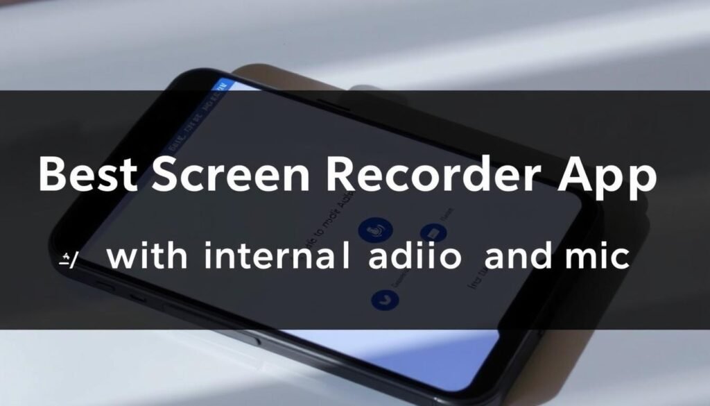 A sleek and modern Android smartphone with an open screen recording app, displaying the recording interface with intuitive controls for audio input (microphone) and output (device audio). The app's UI is clean and user-friendly, with a focused layout that emphasizes the core functions. The smartphone is lit from the side, creating subtle shadows that add depth and dimension. The overall scene conveys a sense of efficiency and ease of use, reflecting the "best screen recorder app with internal audio and mic" theme.