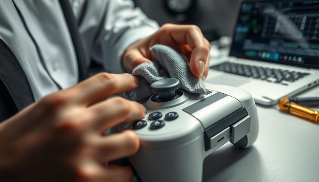 A close-up shot of a DualSense controller being carefully cleaned. The foreground features a person in professional attire, gently wiping the analog stick with a microfiber cloth, revealing its intricate details. The middle ground shows the controller with its sleek design, showcasing the buttons and the distinct DualSense gyroscope features under soft, diffused lighting. The background is a softly blurred workspace with tools for calibration, like a small screwdriver and a laptop displaying calibration software. The atmosphere is focused and industrious, conveying a sense of precision and care in maintaining gaming hardware. The overall color palette is a mix of modern tech with soft grays and whites, creating a clean and professional look.