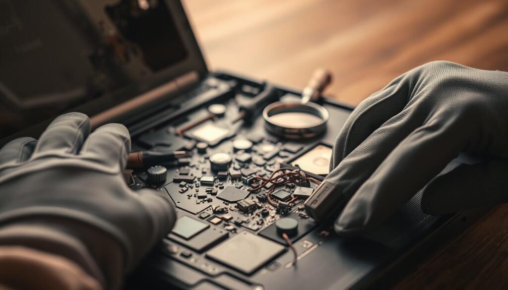 A close-up view of an opened laptop with visible internal damage, showcasing broken components like cracked circuit boards and burnt wires, scattered around in a somewhat chaotic manner. The foreground features a pair of gloved hands carefully examining the damaged parts, conveying a sense of concern and caution. In the middle ground, tools like screwdrivers and a magnifying glass are arranged neatly to suggest a technical assessment. The background is softly blurred to keep the focus on the gadget, with warm, diffused lighting casting gentle shadows, enhancing the mood of urgency and risk. Overall, the atmosphere feels tense, highlighting the potential hazards of purchasing second-hand gadgets. A close-up view of an opened laptop with visible internal damage, showcasing broken components like cracked circuit boards and burnt wires, scattered around in a somewhat chaotic manner. The foreground features a pair of gloved hands carefully examining the damaged parts, conveying a sense of concern and caution. In the middle ground, tools like screwdrivers and a magnifying glass are arranged neatly to suggest a technical assessment. The background is softly blurred to keep the focus on the gadget, with warm, diffused lighting casting gentle shadows, enhancing the mood of urgency and risk. Overall, the atmosphere feels tense, highlighting the potential hazards of purchasing second-hand gadgets.