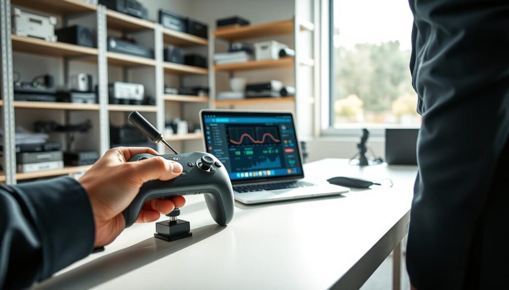 A detailed scene depicting the calibration process of a DualSense controller's gyroscope on a clean, modern workspace. In the foreground, a technician in professional attire is carefully adjusting the DualSense controller, using a precision tool to access its calibration settings. The middle layer features a laptop displaying calibration software with visual graphs and indicators to indicate the gyroscope’s status. The background consists of shelves filled with tech gear and calibration equipment, illuminated by bright, natural light streaming through a window, creating a focused and professional atmosphere. The camera angle is slightly tilted to capture the technician’s concentration and the intricate details of the controller, emphasizing precision and technology in motion.