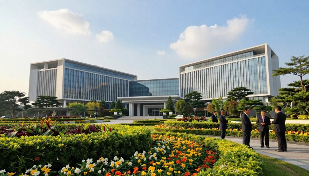 A panoramic view of the DPR Kalibata complex, showcasing its modern architecture surrounded by lush greenery. In the foreground, a well-manicured garden with vibrant flowers and neatly trimmed hedges. The middle ground should feature the main building of the complex, characterized by elegant glass facades and clean lines, reflecting the contemporary government style. The background consists of a clear blue sky with soft, white clouds gently drifting. The scene is illuminated by warm, natural sunlight, creating a welcoming atmosphere. Include a group of well-dressed politicians engaging in conversation, depicted in professional attire, embodying the theme of policy discussions. The composition should evoke a sense of tranquility mixed with seriousness, capturing the essence of political livelihood within a sophisticated setting.