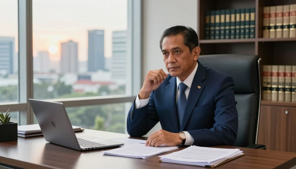 A professional Indonesian politician, depicted as the Ketua DPR, sitting confidently at a modern office desk adorned with legal documents and a laptop. The foreground features a well-dressed middle-aged man in a sharp navy suit and tie, looking thoughtfully at a stack of papers. In the middle ground, a large window reveals a cityscape of Jakarta, bathed in warm afternoon light, symbolizing transparency and governance. The background includes bookshelves filled with legal texts, indicating authority and knowledge. The lighting is bright and uplifting, creating a serious yet approachable atmosphere. The focus is sharp, capturing the details of the suit, the expression of determination on the politician's face, and the polished elegance of the office environment.