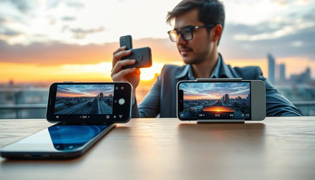 A side-by-side comparison of videography capabilities between an iPhone 15 Pro and a Samsung S24 Ultra. In the foreground, two sleek smartphones are placed on a wooden table, each showcasing vibrant video footage playing on their screens. In the middle ground, a professional content creator, dressed in smart casual attire, is adjusting the iPhone with one hand while capturing a stunning sunset scene. Behind them, a city skyline creates a beautiful sunset backdrop, with warm golden and purple hues lighting up the sky. The atmosphere is energetic yet professional, highlighting the importance of videography in content creation. Use soft, natural lighting to emphasize the devices and the creator's focused expression, with a shallow depth of field to enhance the mood.