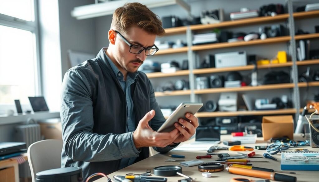 A technician in a well-lit, modern workspace examines a second-hand electronic device, focusing on the physical condition of the gadget. In the foreground, the technician, dressed in a smart casual outfit, carefully inspects the device under natural light, revealing its intricate details such as scratches or dents. The middle ground showcases a cluttered workbench filled with tools like magnifying glasses, screwdrivers, and cleaning materials, emphasizing the thoroughness of the check. In the background, shelves hold an array of gadgets, contributing to a tech-savvy atmosphere. The overall mood is serious and meticulous, highlighting the importance of assessing the physical state beyond mere aesthetics. A technician in a well-lit, modern workspace examines a second-hand electronic device, focusing on the physical condition of the gadget. In the foreground, the technician, dressed in a smart casual outfit, carefully inspects the device under natural light, revealing its intricate details such as scratches or dents. The middle ground showcases a cluttered workbench filled with tools like magnifying glasses, screwdrivers, and cleaning materials, emphasizing the thoroughness of the check. In the background, shelves hold an array of gadgets, contributing to a tech-savvy atmosphere. The overall mood is serious and meticulous, highlighting the importance of assessing the physical state beyond mere aesthetics.