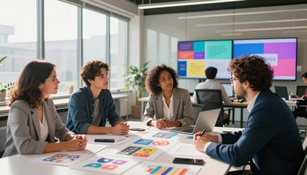 A visually striking business scene showcasing the benefits of branding for creative industries. In the foreground, a diverse group of three professionals in smart casual attire engaged in a brainstorming session, surrounded by colorful logo designs and branding materials on a large table. The middle ground features a bright, modern office with large windows, letting in warm natural light that reflects off glass surfaces, enhancing a collaborative atmosphere. In the background, an array of digital screens displays vibrant graphics representing various branding strategies, demonstrating innovation and creativity. The overall mood is one of inspiration and teamwork, with a blend of professionalism and creativity, highlighting the impact of effective branding on business success. A visually striking business scene showcasing the benefits of branding for creative industries. In the foreground, a diverse group of three professionals in smart casual attire engaged in a brainstorming session, surrounded by colorful logo designs and branding materials on a large table. The middle ground features a bright, modern office with large windows, letting in warm natural light that reflects off glass surfaces, enhancing a collaborative atmosphere. In the background, an array of digital screens displays vibrant graphics representing various branding strategies, demonstrating innovation and creativity. The overall mood is one of inspiration and teamwork, with a blend of professionalism and creativity, highlighting the impact of effective branding on business success.